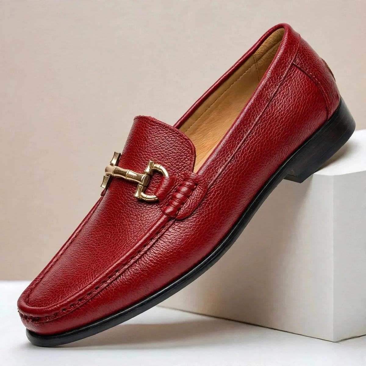 Men's Textured Moc-Toe Bit Loafers in Red – product view | Hensley London