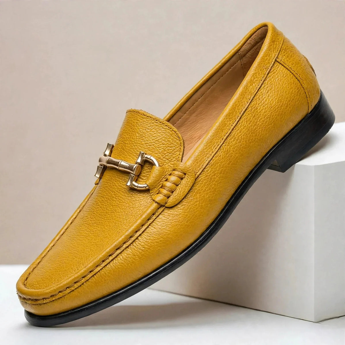 Men's Textured Moc-Toe Bit Loafers in Yellow – product view | Hensley London