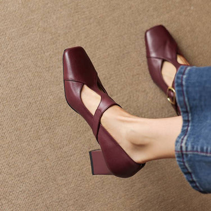 Women's Leather Square Toe Block Heels in Light Brown – front view | Hensley London
