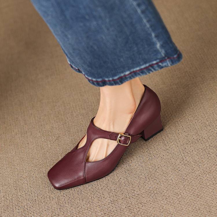 Women's Leather Square Toe Block Heels in Maroon – side view | Hensley London
