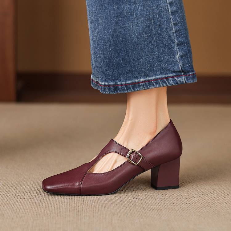 Women's Leather Square Toe Block Heels in Light Brown – side view | Hensley London