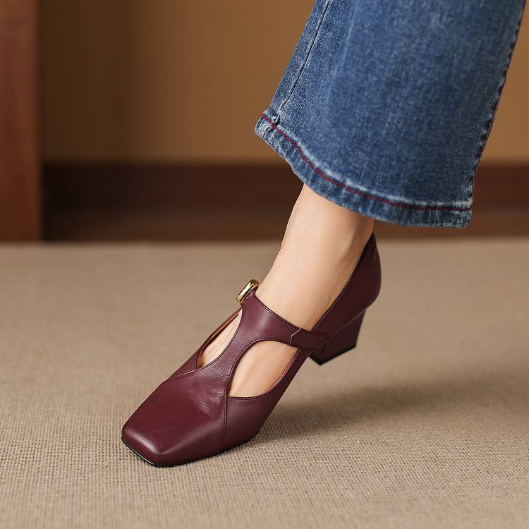 Women's Leather Square Toe Block Heels in Black – side view | Hensley London