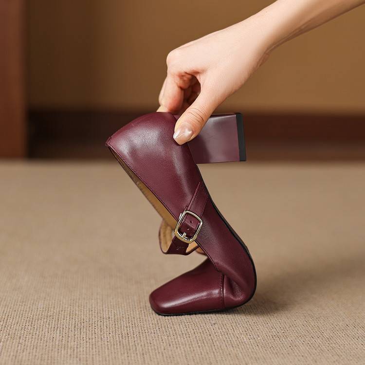 Women's Leather Square Toe Block Heels in Maroon – detail view | Hensley London