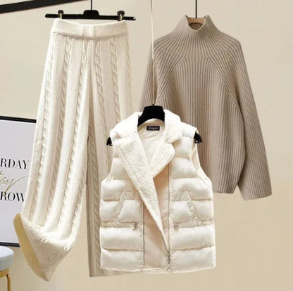 Women's Three-Piece Knit and Padded Vest Outfit Set in Taupe Sweater / Cable Skirt - product view | Hensley London