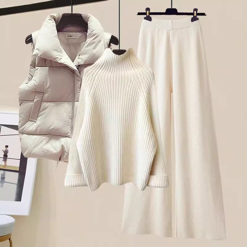 Women's Three-Piece Knit and Padded Vest Outfit Set in White Sweater / Wide-Leg Trousers - product view | Hensley London