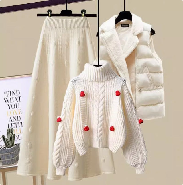 Women's Three-Piece Knit and Padded Vest Outfit Set in Cherry Sweater / Wide-Leg Trousers - product view | Hensley London