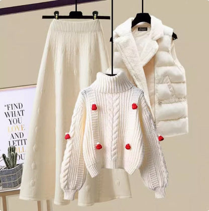 Women's Three-Piece Knit and Padded Vest Outfit Set in Cherry Sweater / Wide-Leg Trousers - product view | Hensley London