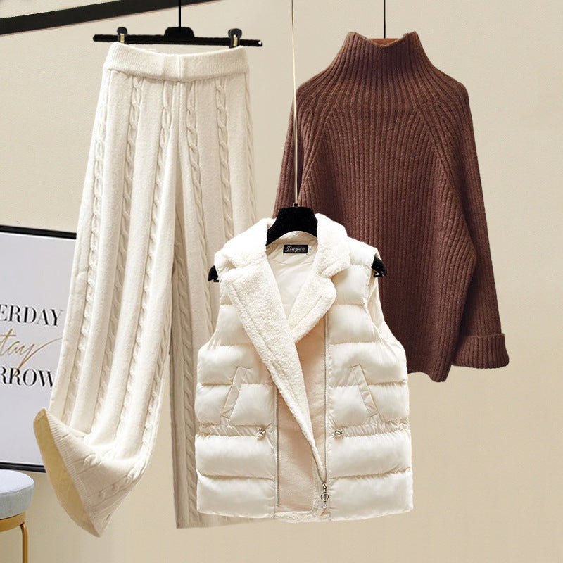 Women's Three-Piece Knit and Padded Vest Outfit Set in Brown Sweater / Cable Skirt - product view | Hensley London