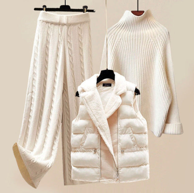Women's Three-Piece Knit and Padded Vest Outfit Set in White Sweater / Cable Skirt - product view | Hensley London