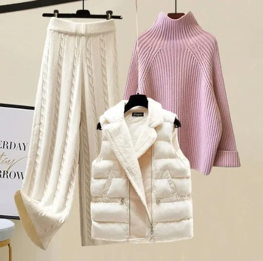Women's Three-Piece Knit and Padded Vest Outfit Set in Pink Sweater / Cable Skirt - product view | Hensley London