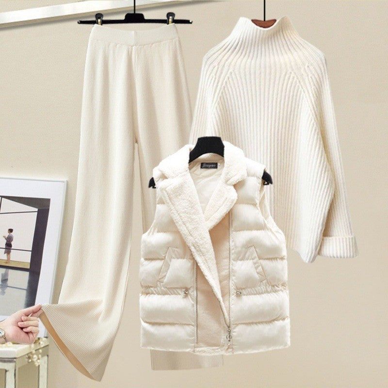 Women's Three-Piece Knit and Padded Vest Outfit Set in White Sweater / Plain Skirt - product view | Hensley London