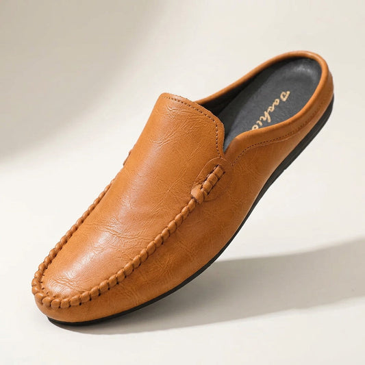 Men's Grained Leather Backless Mule Loafers in Brown – front view | Hensley London