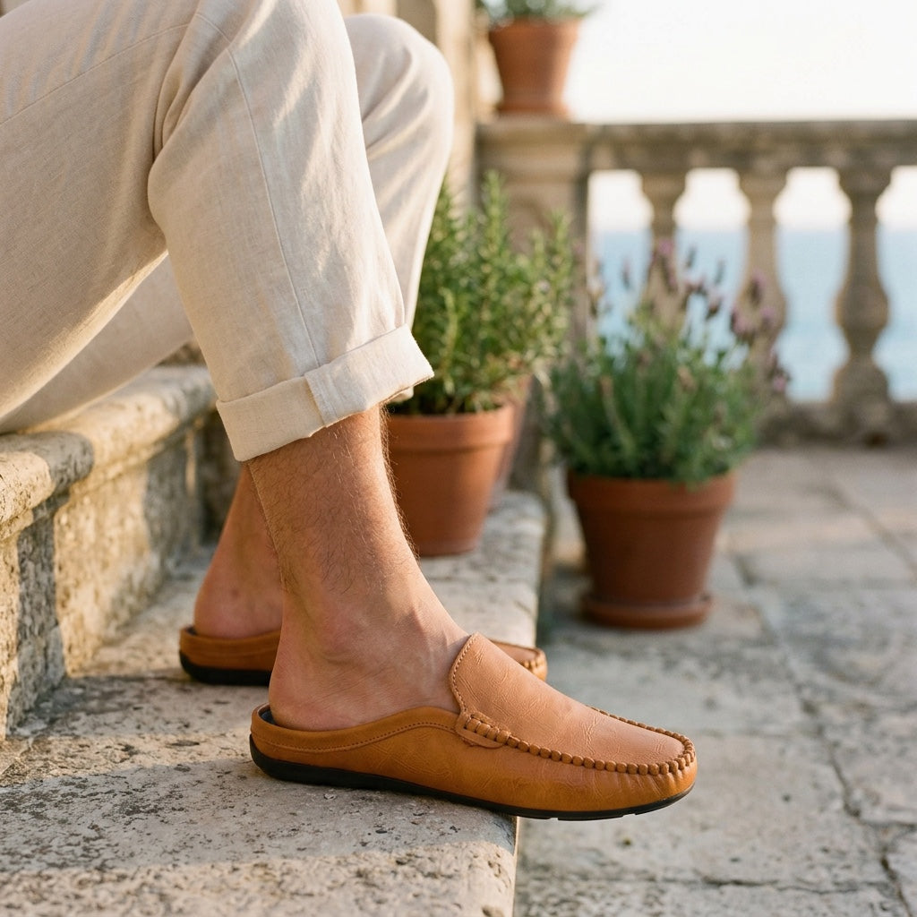 Men's Grained Leather Backless Mule Loafers in Black – side view | Hensley London