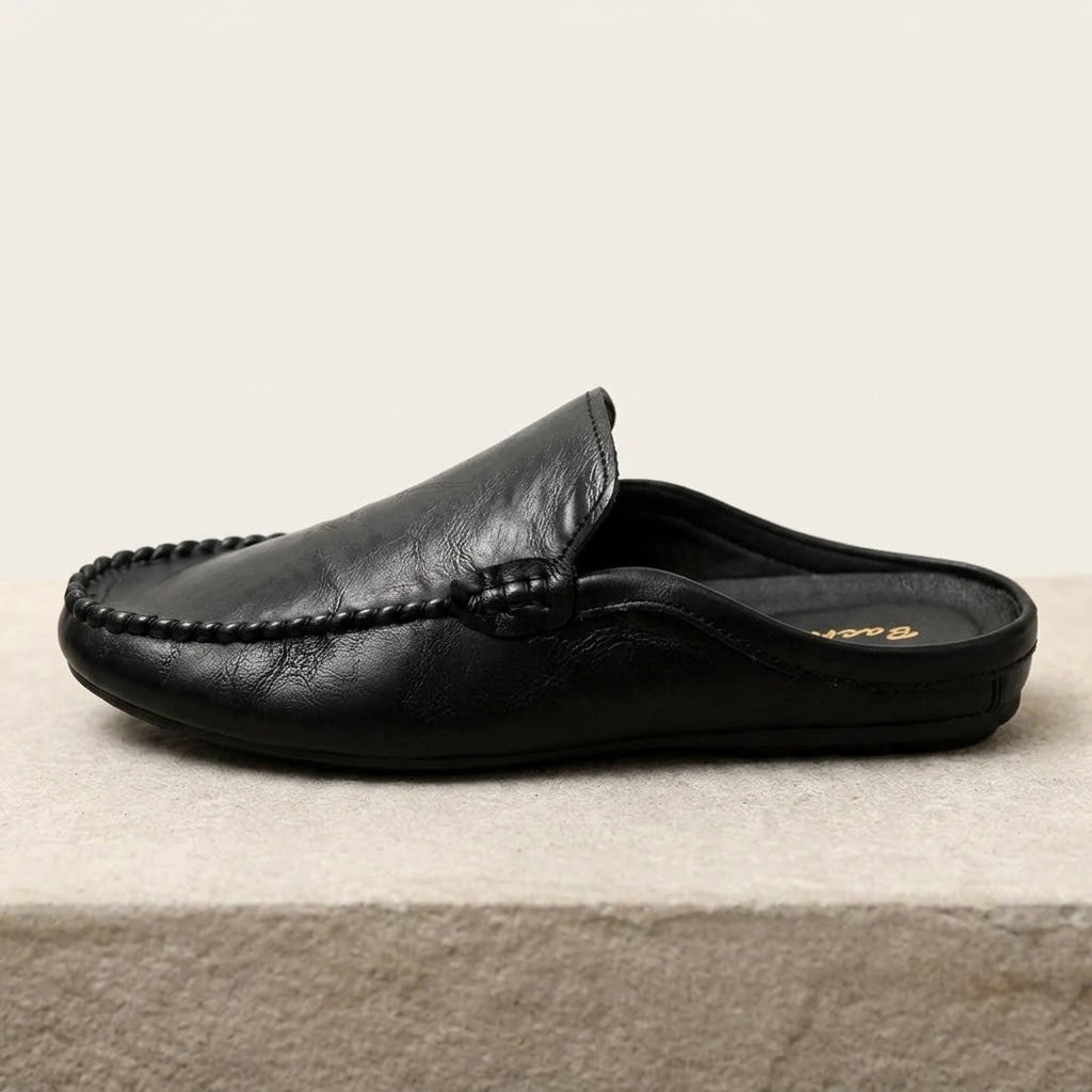 Men's Grained Leather Backless Mule Loafers in Black – top view | Hensley London