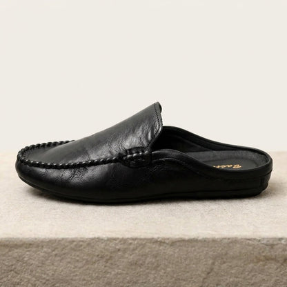 Men's Grained Leather Backless Mule Loafers in Black – top view | Hensley London