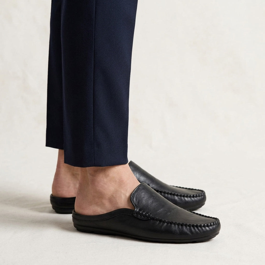 Men's Grained Leather Backless Mule Loafers in Black – back view | Hensley London