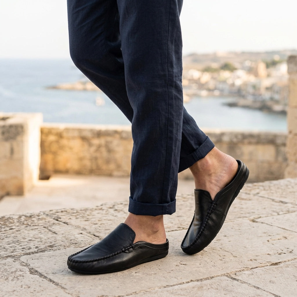 Men's Grained Leather Backless Mule Loafers in Brown – styled view | Hensley London