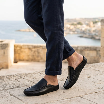 Men's Grained Leather Backless Mule Loafers in Brown – styled view | Hensley London