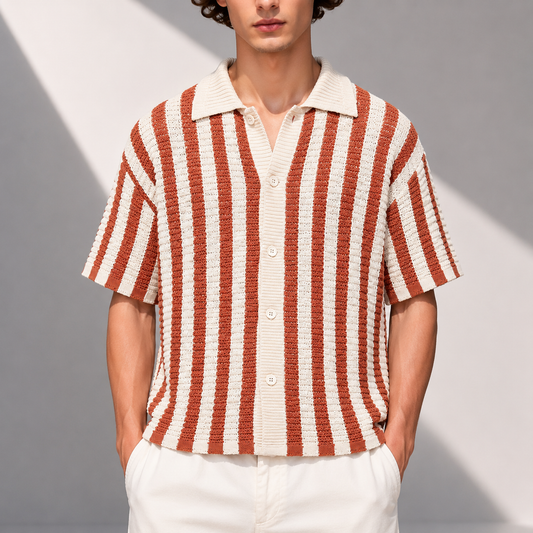 Men's Stripe Knit Polo Shirt in Orange - front view | Hensley London