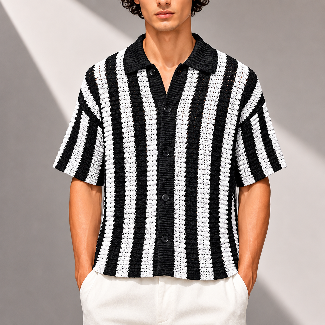 Men's Stripe Knit Polo Shirt in Orange - detail view | Hensley London