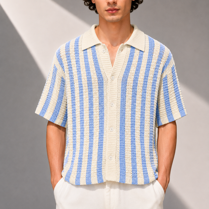 Men's Stripe Knit Polo Shirt in Blue - front view | Hensley London