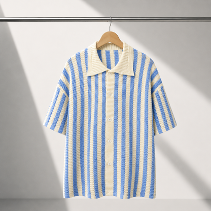 Men's Stripe Knit Polo Shirt in Blue - detail view | Hensley London