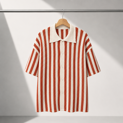 Men's Stripe Knit Polo Shirt in Black - front view | Hensley London