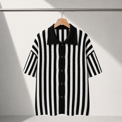 Men's Stripe Knit Polo Shirt in Black - detail view | Hensley London