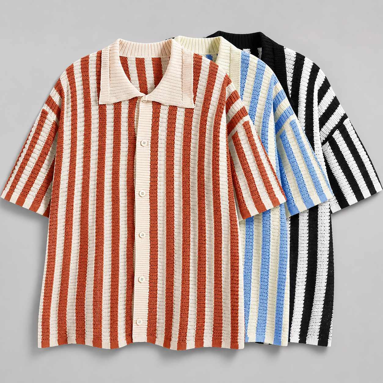 Men's Stripe Knit Polo Shirt in Orange - back view | Hensley London