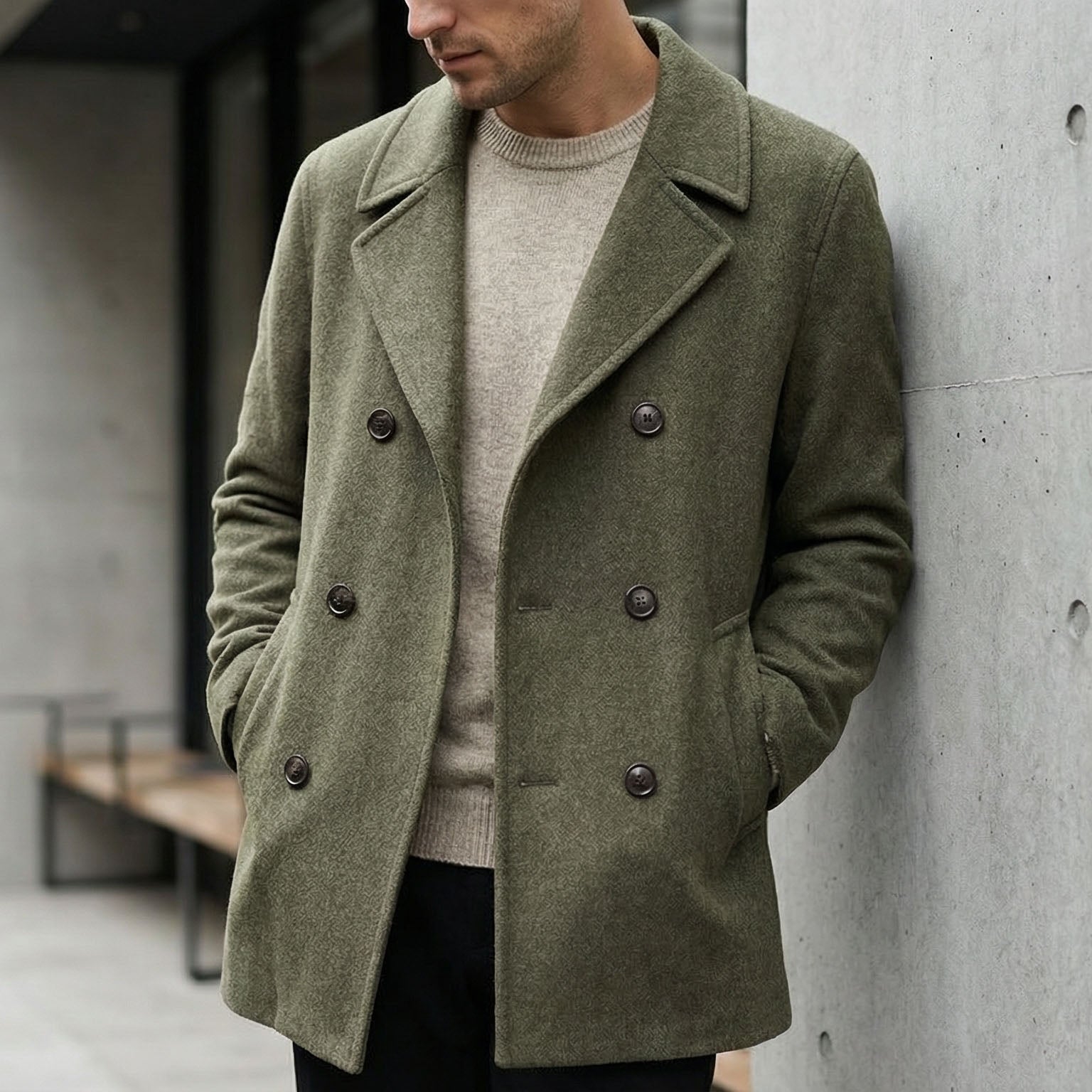 Men's Wool Double-Breasted Coat - detail view | Hensley London