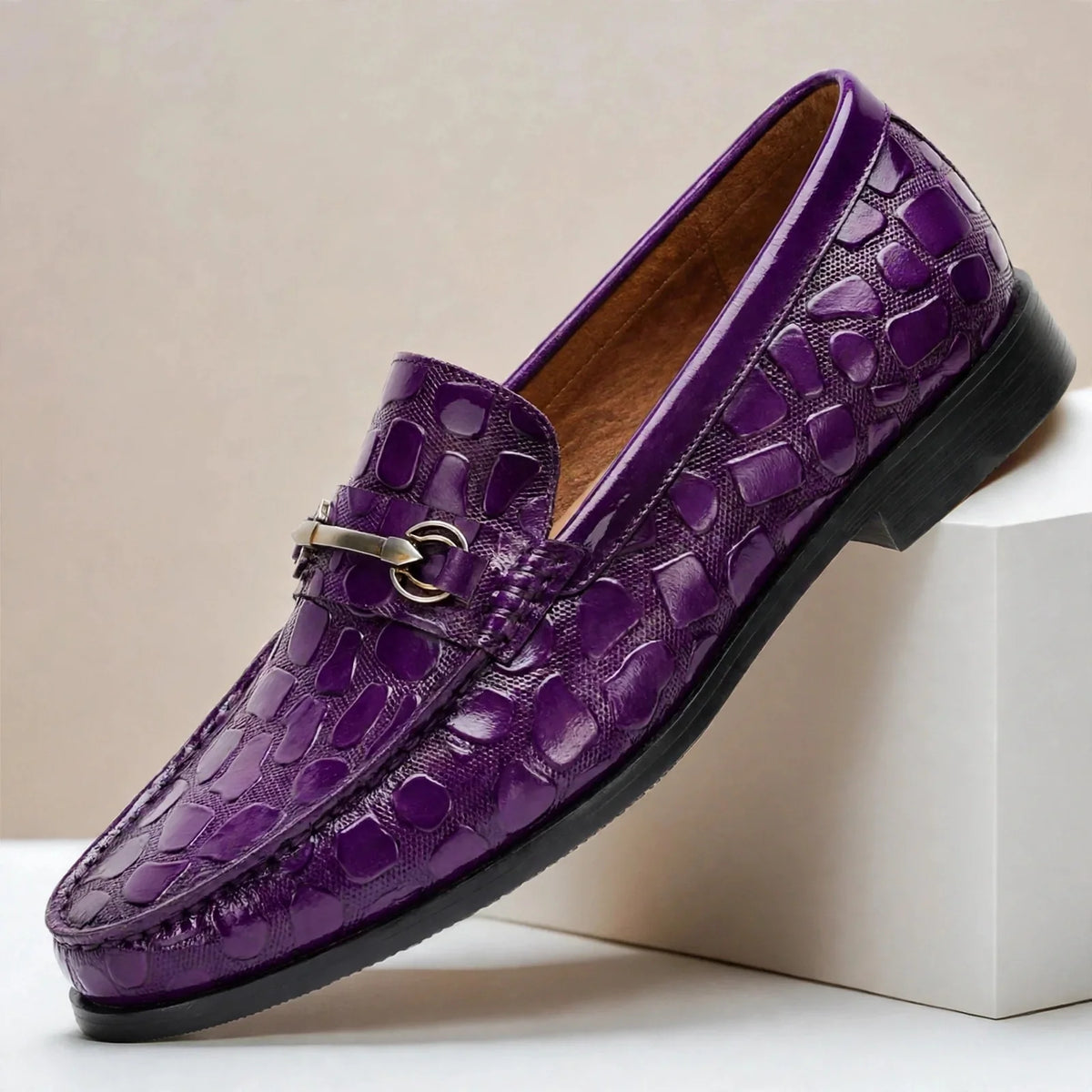 Men's Croc-Embossed Bit-Detail Loafers in Purple – product view | Hensley London