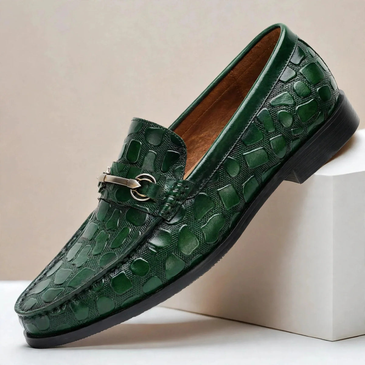 Men's Croc-Embossed Bit-Detail Loafers in Green – product view | Hensley London