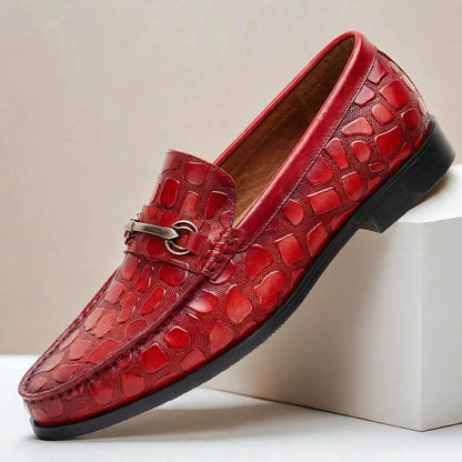Men's Croc-Embossed Bit-Detail Loafers in Red – product view | Hensley London