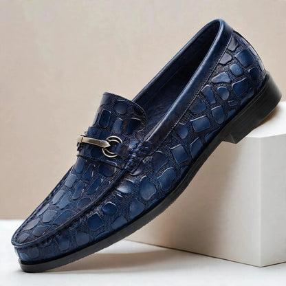 Men's Croc-Embossed Bit-Detail Loafers in Dark Blue – product view | Hensley London
