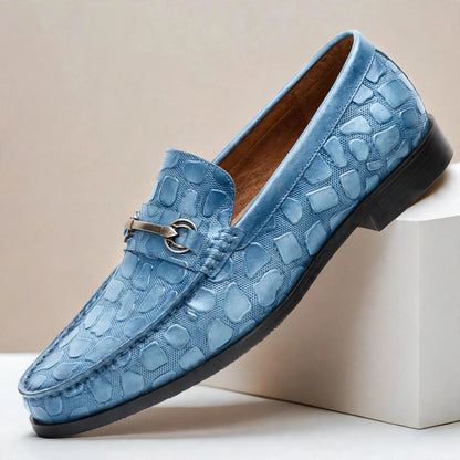 Men's Croc-Embossed Bit-Detail Loafers in Sky Blue – product view | Hensley London
