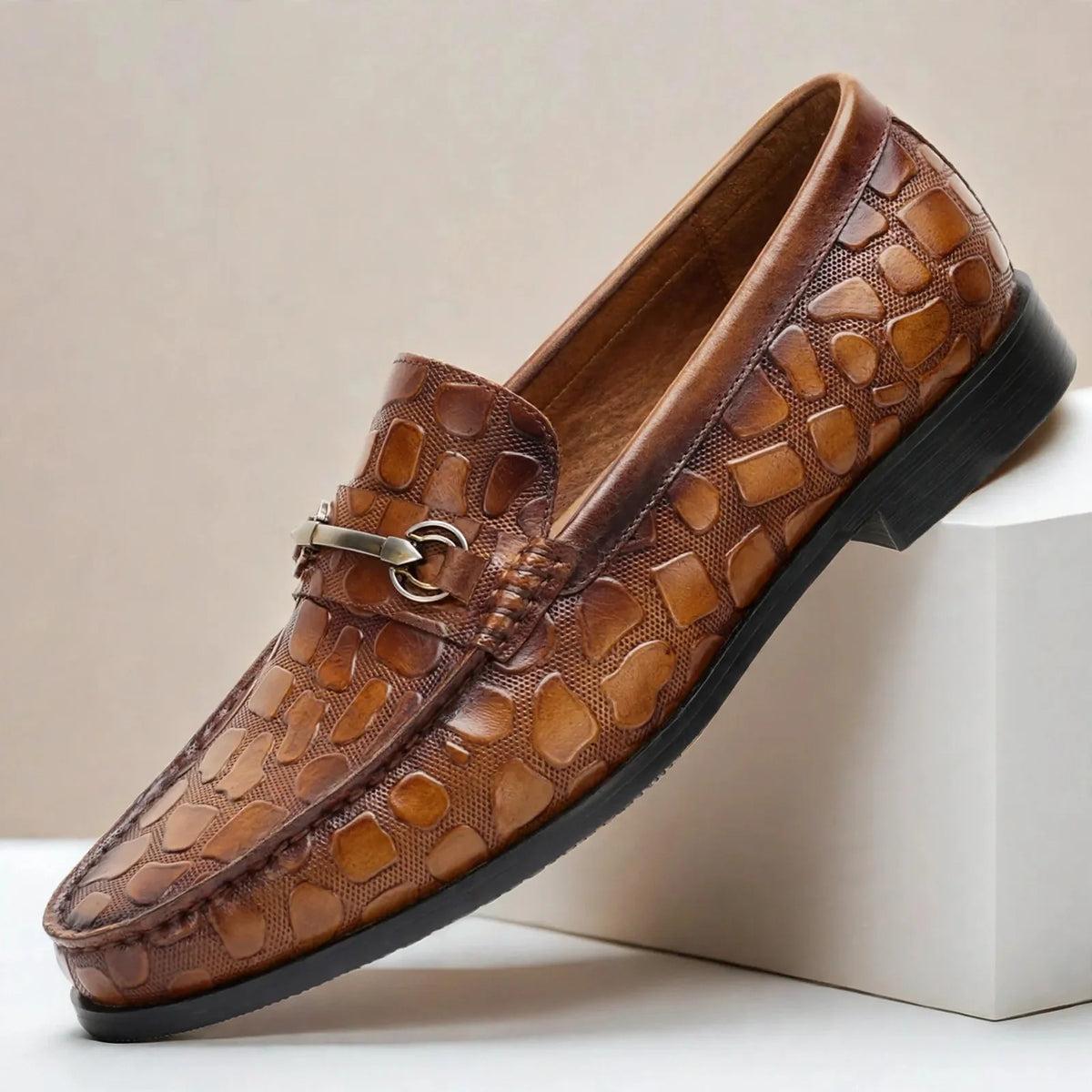 Men's Croc-Embossed Bit-Detail Loafers in Brown – product view | Hensley London
