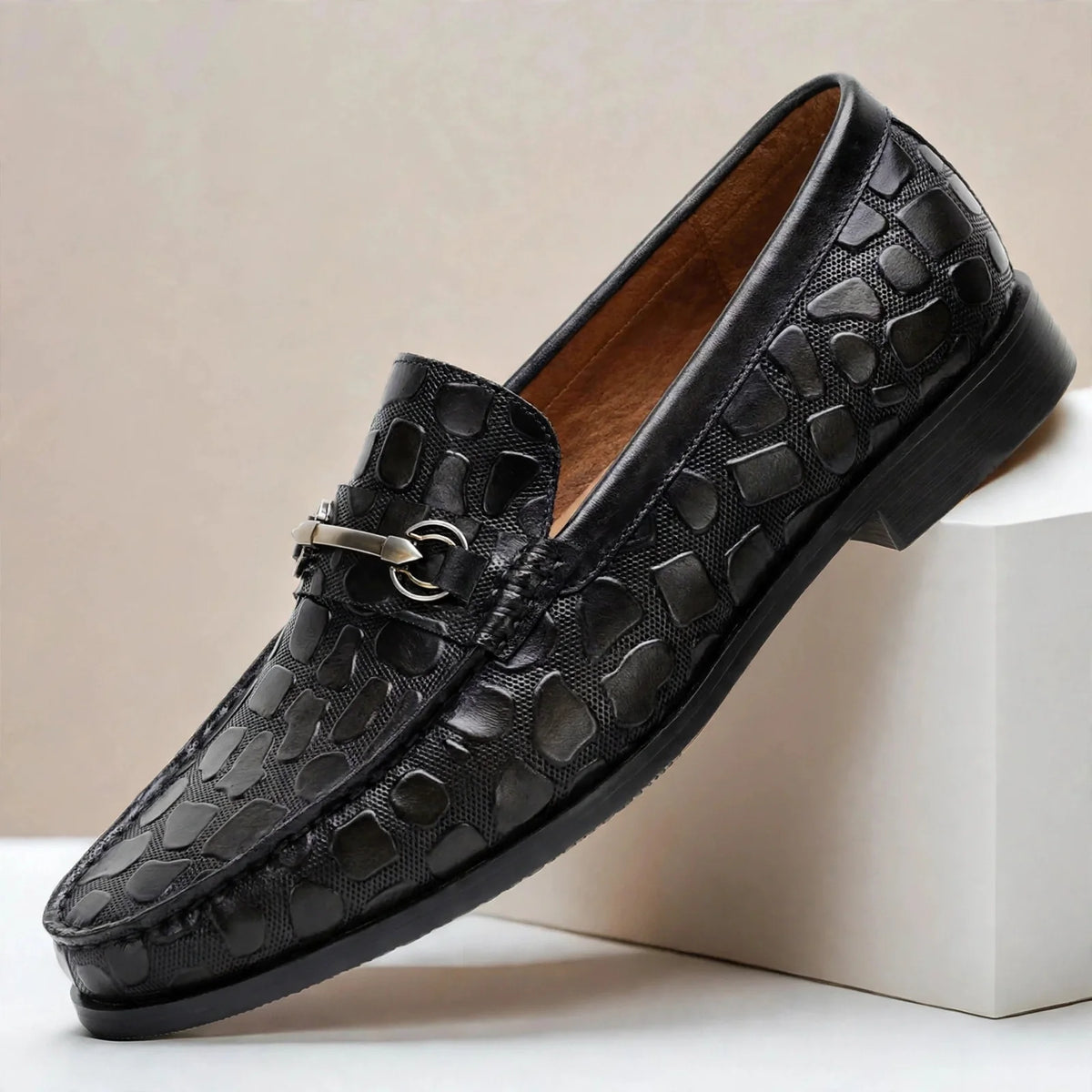 Men's Croc-Embossed Bit-Detail Loafers in Black – product view | Hensley London