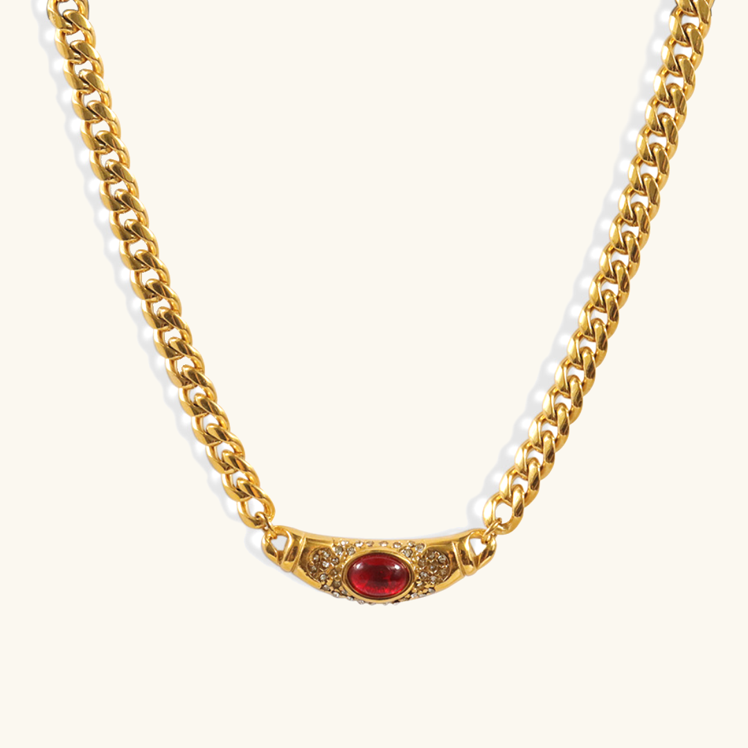 Vintage-Inspired Necklace with Gemstone Simulant Pendant – 18K Waterproof Gold, Hypoallergenic, 15-Inch Length, Available in Ruby, Emerald, Citrine 0