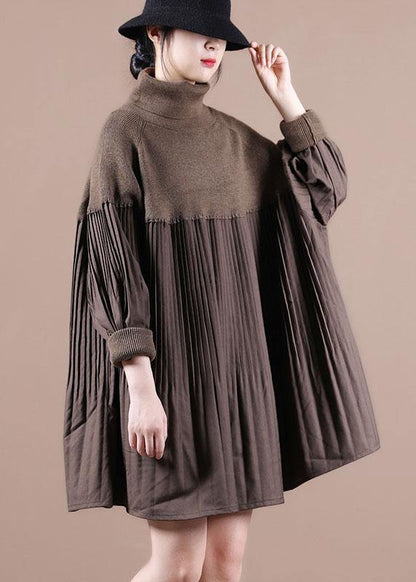 Women's Sweater Dress Brown Cotton Blend High Neck - 1