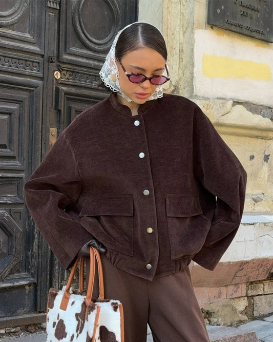 Vera Women's Jacket | Loose Fit, Stand Collar, Vintage Design 1