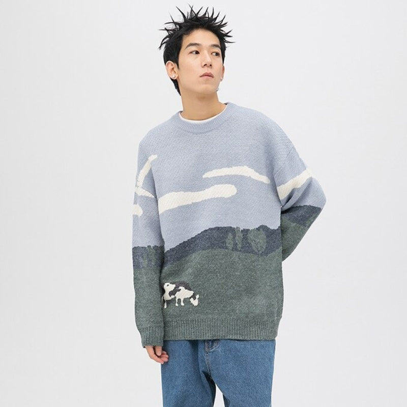 Vintage Cow Pattern Knitted Winter Loose Pullover Sweaters 2