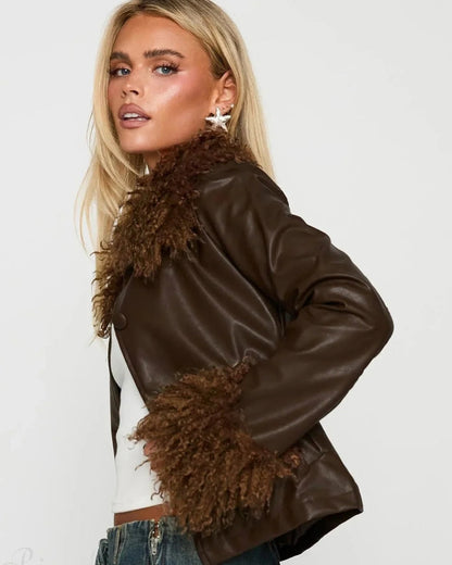 Vera Women's Leather Paneled Jacket | Vintage Fleece Collar, Slim Fit 2