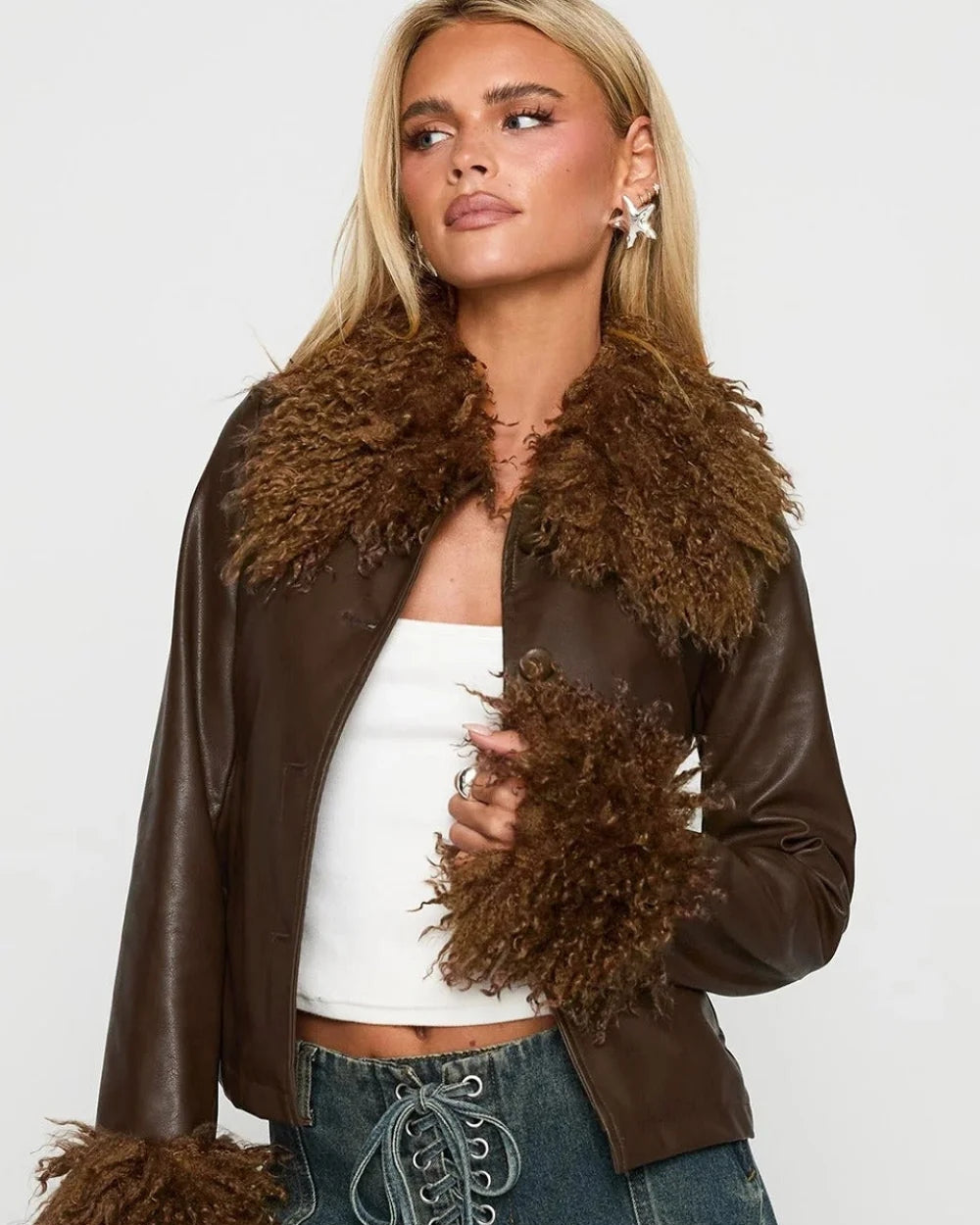 Vera Women's Leather Paneled Jacket | Vintage Fleece Collar, Slim Fit 3