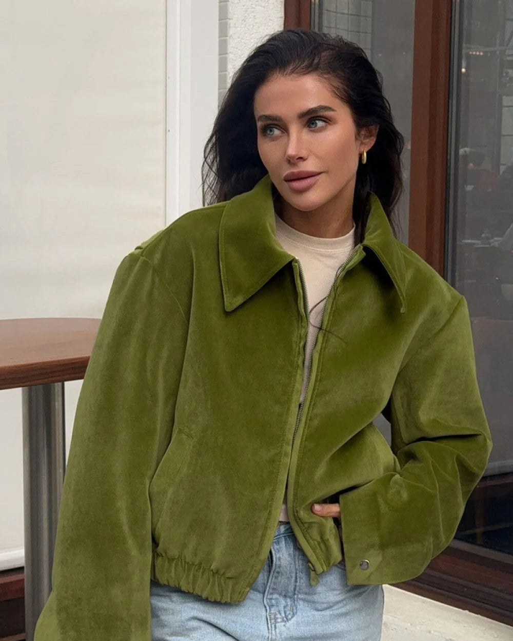 Vera Women's Jacket | Vintage Green Velvet, Loose-Fit Baseball 1