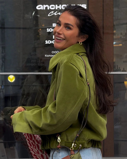 Vera Women's Jacket | Vintage Green Velvet, Loose-Fit Baseball 2