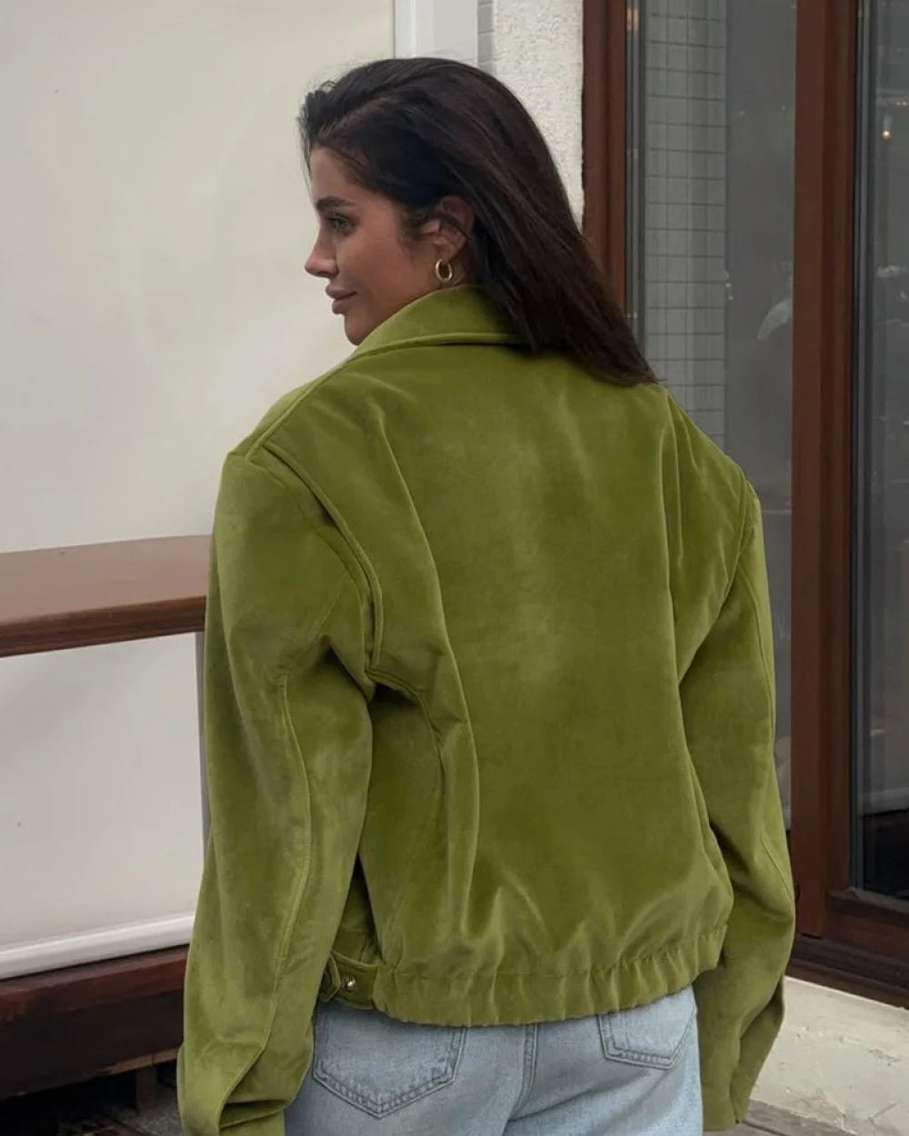 Vera Women's Jacket | Vintage Green Velvet, Loose-Fit Baseball 3