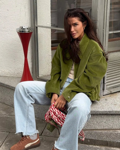 Vera Women's Jacket | Vintage Green Velvet, Loose-Fit Baseball 5