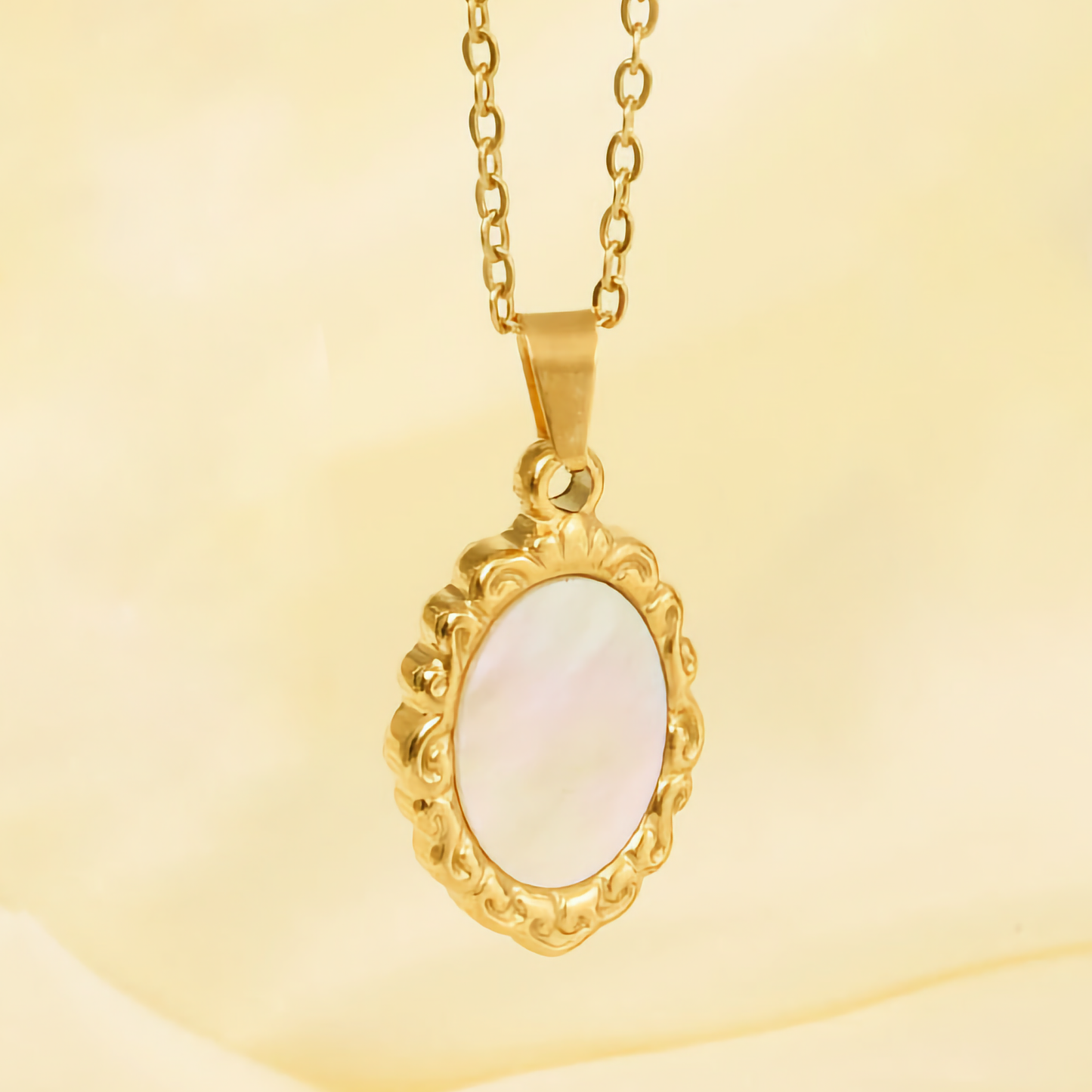 Vintage Mother of Pearl Pendant with Gold Trim – Waterproof, Hypoallergenic, Lightweight Jewelry for Women 2