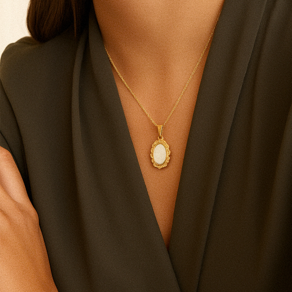 Vintage Mother of Pearl Pendant with Gold Trim – Waterproof, Hypoallergenic, Lightweight Jewelry for Women 3