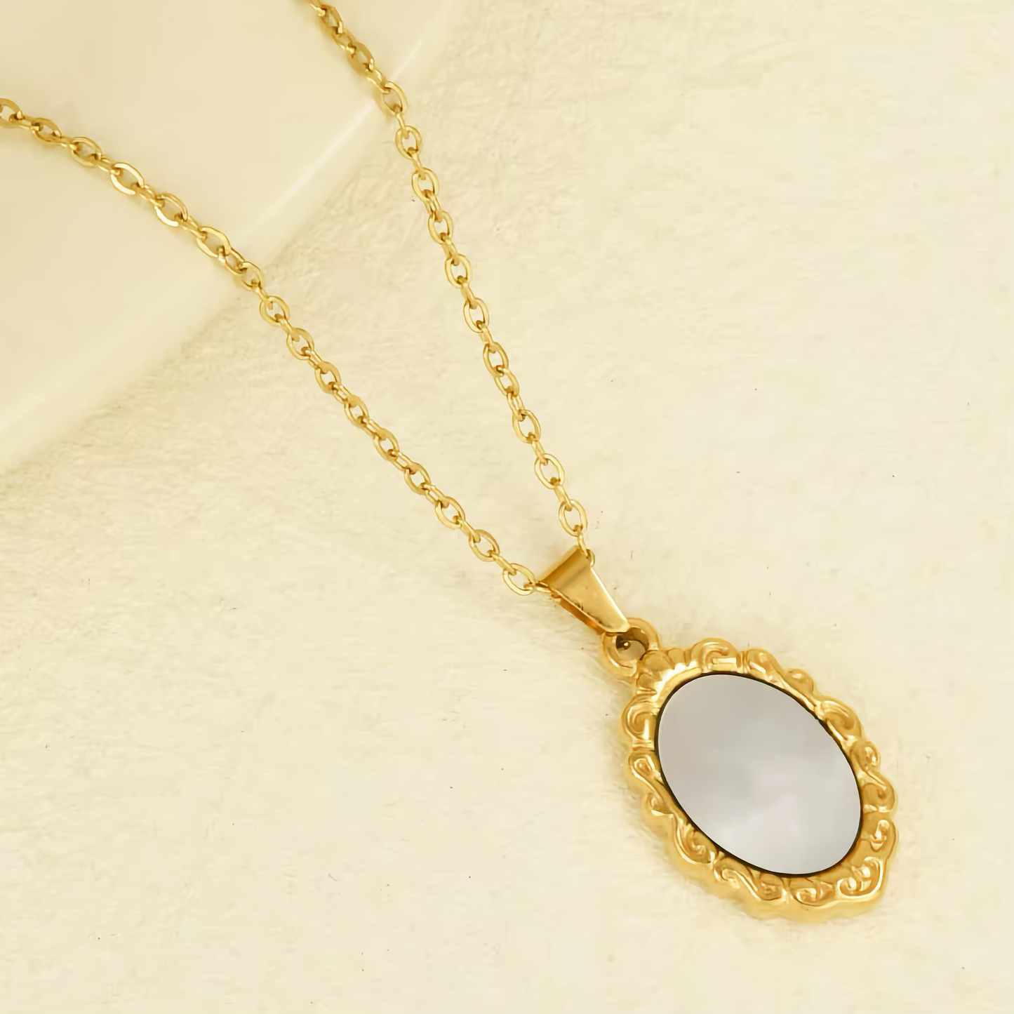 Vintage Mother of Pearl Pendant with Gold Trim – Waterproof, Hypoallergenic, Lightweight Jewelry for Women 4